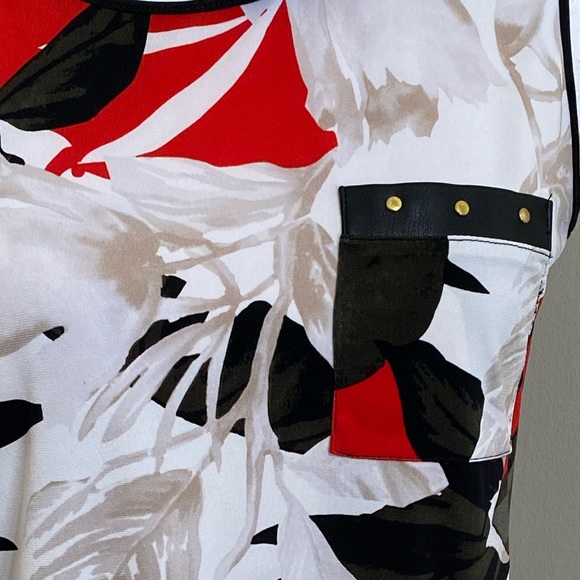 Calvin Klein || Woman’s Faux-Leather-Trim Top Ivory Red size Sz: Small - Picture 7 of 8